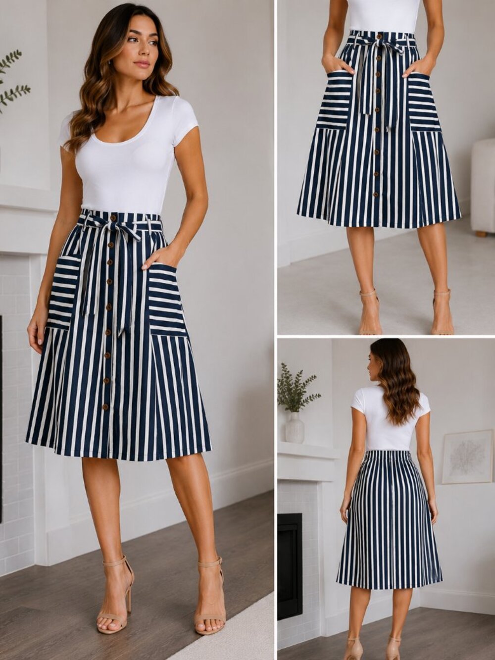 Metrowear Navy & White Striped Tie Waist Skirt – Size M – NWT